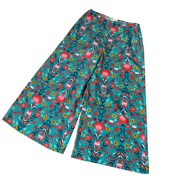 Boden Pants - Boden Floral Wide Leg Culottes Womens 4 Teal Blue Folk Print High Rise T0348